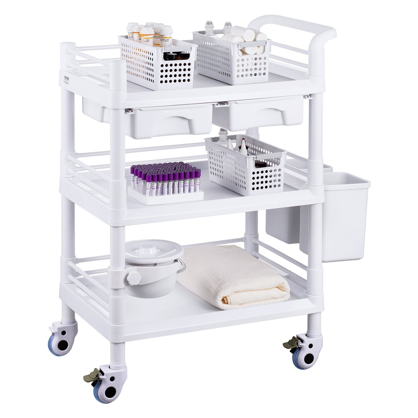 3 Tiers Lab Carts Mobil medicinsk vagn med 3 brickor & 3 papperskorgar Vita