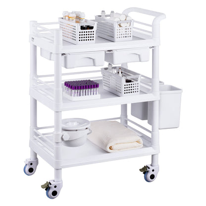 3 Tiers Lab Carts Mobil medicinsk vagn med 3 brickor & 3 papperskorgar Vita