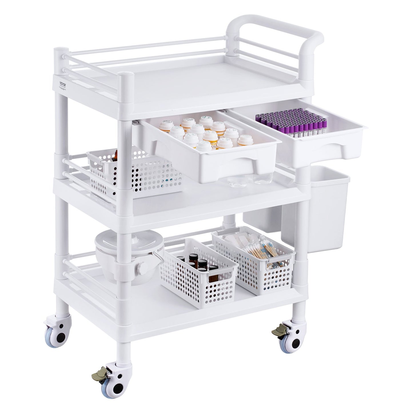 3 Tiers Lab Carts Mobil medicinsk vagn med 3 brickor & 3 papperskorgar Vita