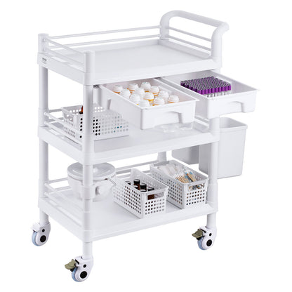 3 Tiers Lab Carts Mobil medicinsk vagn med 3 brickor & 3 papperskorgar Vita