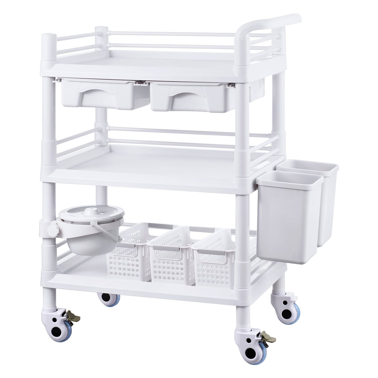 3 Tiers Lab Carts Mobil medicinsk vagn med 3 brickor & 3 papperskorgar Vita