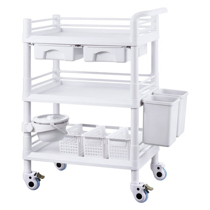 3 Tiers Lab Carts Mobil medicinsk vagn med 3 brickor & 3 papperskorgar Vita