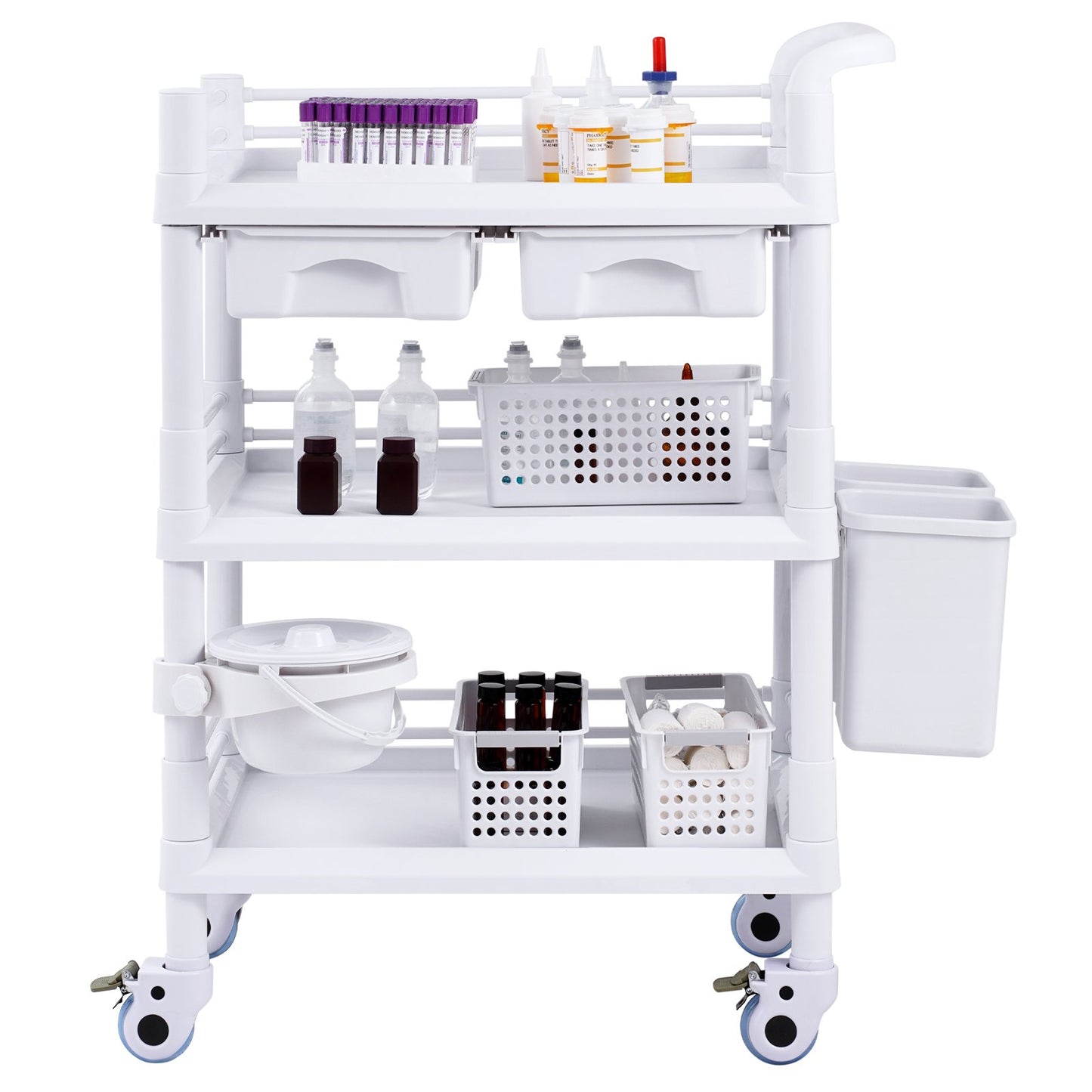 3 Tiers Lab Carts Mobil medicinsk vagn med 3 brickor & 3 papperskorgar Vita