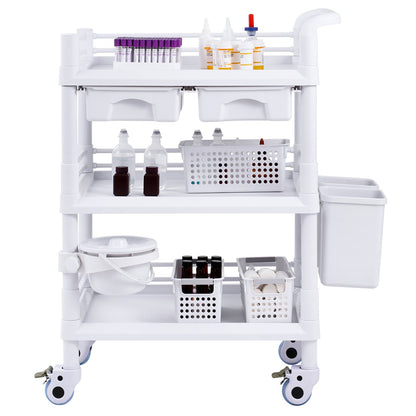 3 Tiers Lab Carts Mobil medicinsk vagn med 3 brickor & 3 papperskorgar Vita