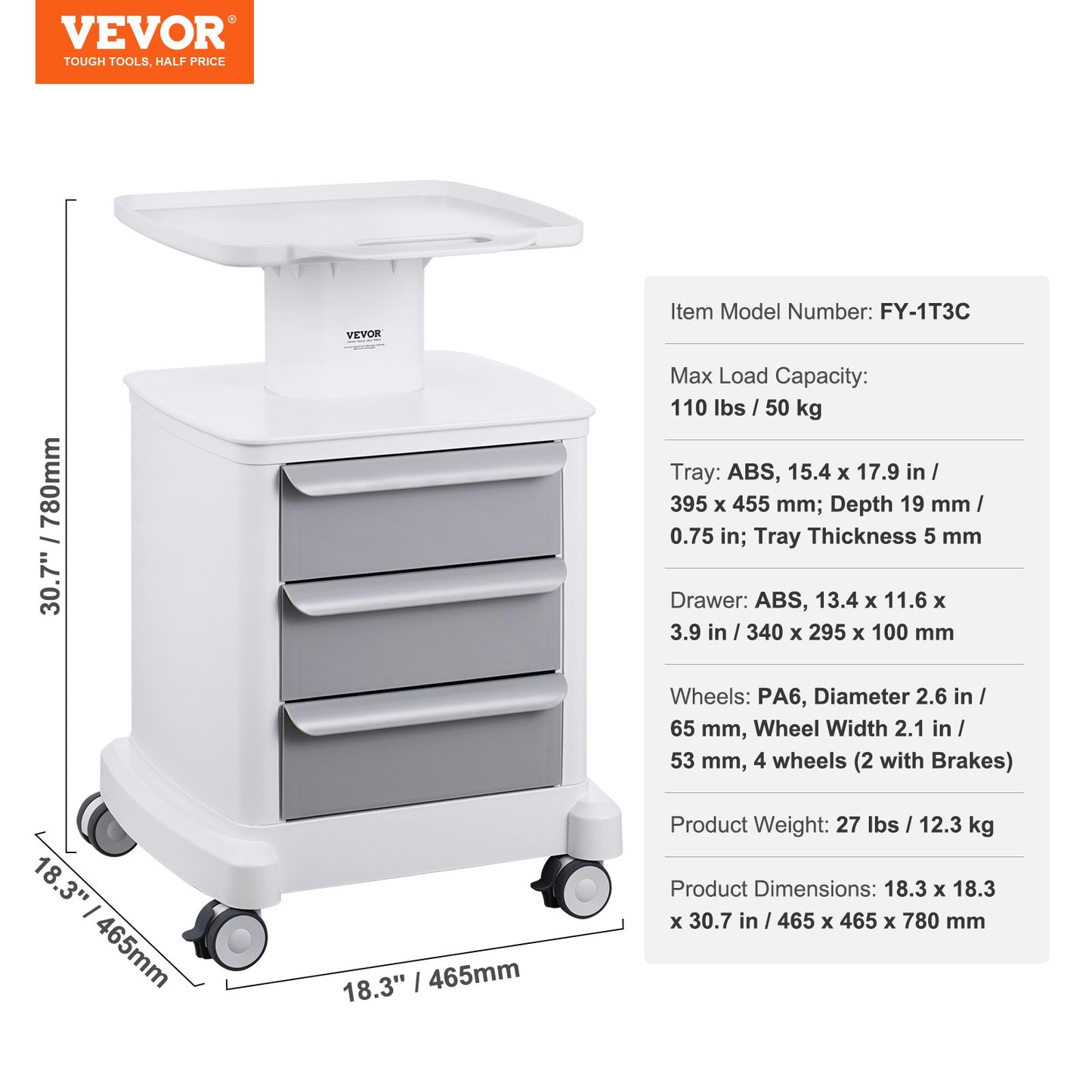 4 Tiers Lab Carts Mobil medicinsk vagn med 3 lådor & 1 toppbricka Vit