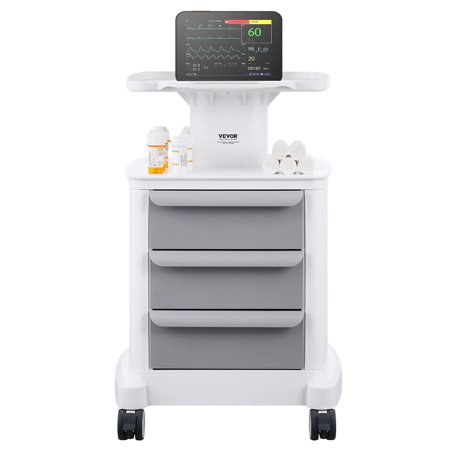 4 Tiers Lab Carts Mobil medicinsk vagn med 3 lådor & 1 toppbricka Vit