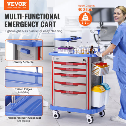 5 Tiers Lab Carts Mobil medicinsk vagn med 5 lådor & 2 papperskorgar blå