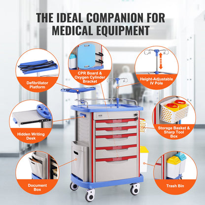 5 Tiers Lab Carts Mobil medicinsk vagn med 5 lådor & 2 papperskorgar blå