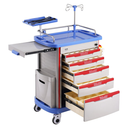 5 Tiers Lab Carts Mobil medicinsk vagn med 5 lådor & 2 papperskorgar blå
