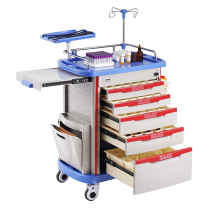5 Tiers Lab Carts Mobil medicinsk vagn med 5 lådor & 2 papperskorgar blå