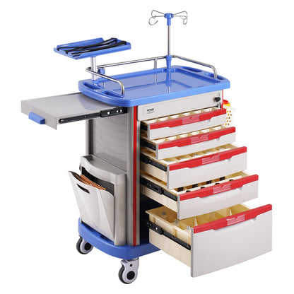 5 Tiers Lab Carts Mobil medicinsk vagn med 5 lådor & 2 papperskorgar blå