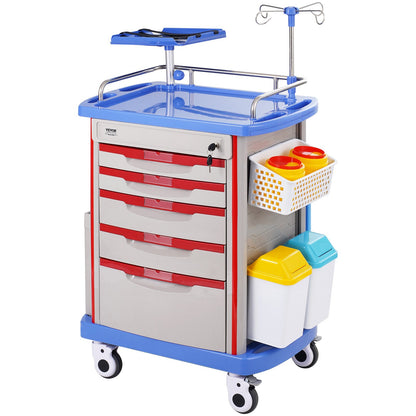 5 Tiers Lab Carts Mobil medicinsk vagn med 5 lådor & 2 papperskorgar blå
