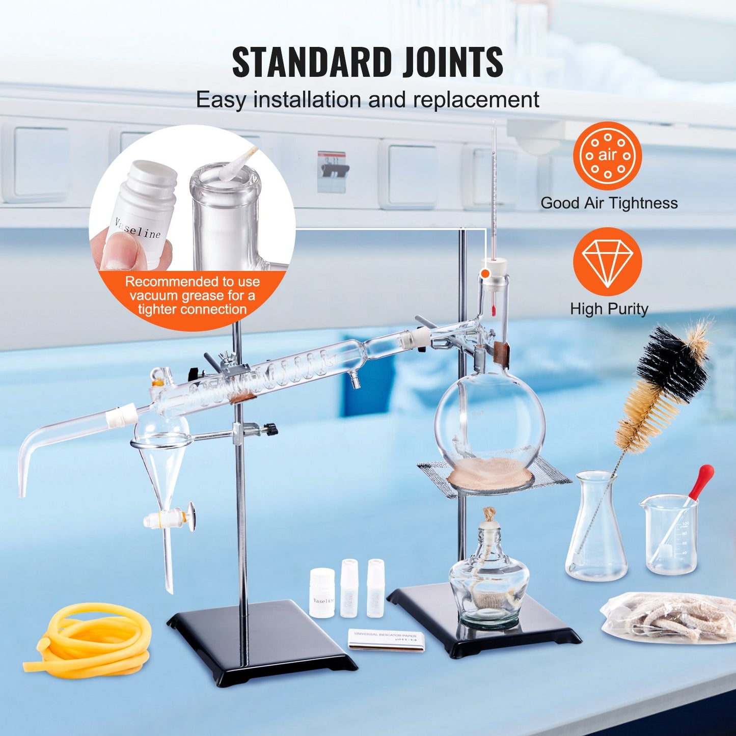 Essential Oil Distillation Kit, 500ml Distillation Apparatus, 3.3 Boro Lab Glassware Distillation Kit with Alcohol Lamp, Ceramic Mesh and 24, 40 Joints, 28 pcs.