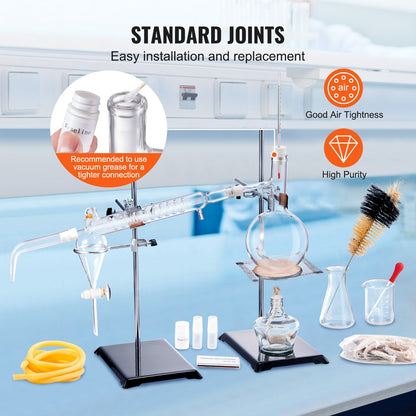 Essential Oil Distillation Kit, 500ml Distillation Apparatus, 3.3 Boro Lab Glassware Distillation Kit with Alcohol Lamp, Ceramic Mesh and 24, 40 Joints, 28 pcs.