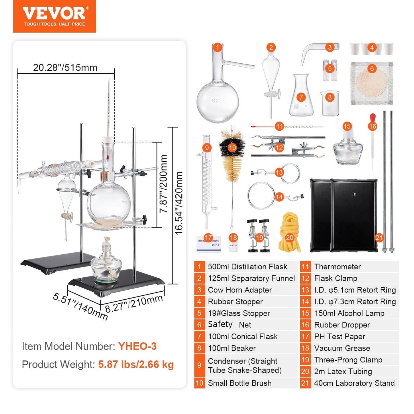 Essential Oil Distillation Kit, 500ml Distillation Apparatus, 3.3 Boro Lab Glassware Distillation Kit with Alcohol Lamp, Ceramic Mesh and 24, 40 Joints, 28 pcs.