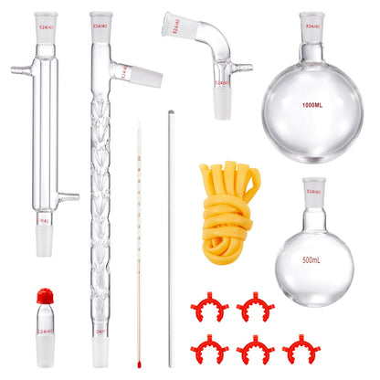 Lab-destillationssats, 3,3 Boro Lab-glasdestillationssats med 24, 40 led, 1000 ml destillationsutrustning för eterisk olja, 14 st set med glasutrustning