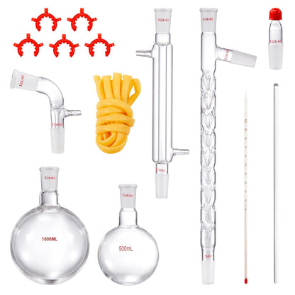 Lab-destillationssats, 3,3 Boro Lab-glasdestillationssats med 24, 40 led, 1000 ml destillationsutrustning för eterisk olja, 14 st set med glasutrustning