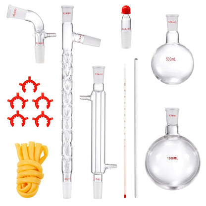 Lab-destillationssats, 3,3 Boro Lab-glasdestillationssats med 24, 40 led, 1000 ml destillationsutrustning för eterisk olja, 14 st set med glasutrustning