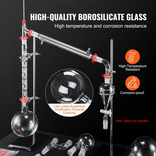 Lab-destillationssats, 3,3 Boro Lab-glasdestillationssats med 24, 40 led, 1000 ml destillationsutrustning för eterisk olja, 29 st set med glasutrustning |  EU