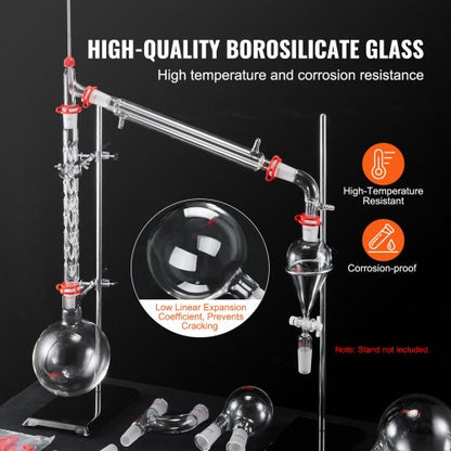 Lab-destillationssats, 3,3 Boro Lab-glasdestillationssats med 24, 40 led, 1000 ml destillationsutrustning för eterisk olja, 29 st set med glasutrustning |  EU