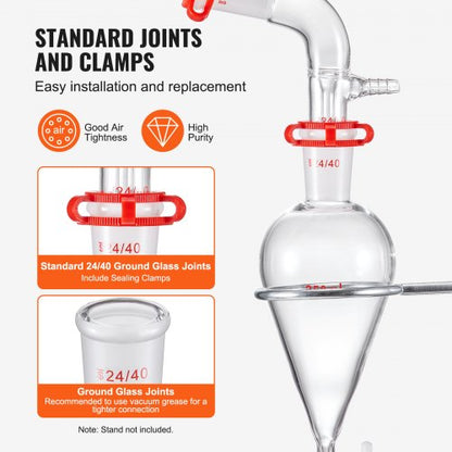 Lab-destillationssats, 3,3 Boro Lab-glasdestillationssats med 24, 40 led, 1000 ml destillationsutrustning för eterisk olja, 29 st set med glasutrustning |  EU
