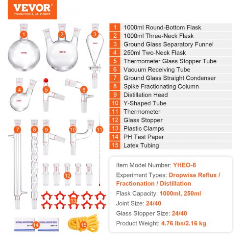 Lab-destillationssats, 3,3 Boro Lab-glasdestillationssats med 24, 40 led, 1000 ml destillationsutrustning för eterisk olja, 29 st set med glasutrustning |  EU