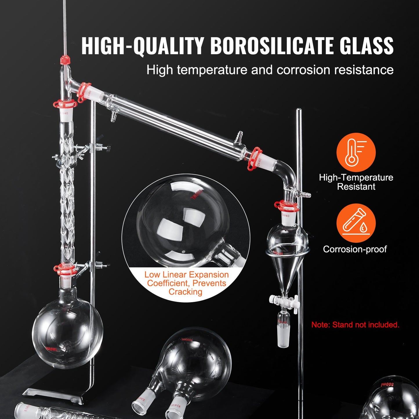 Lab-destillationssats, 3,3 Boro Lab-glasdestillationssats med 24, 40 led, 1000 ml eterisk oljedestillationsutrustning, 32 st uppsättning glasutrustning