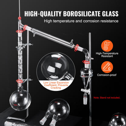 Lab-destillationssats, 3,3 Boro Lab-glasdestillationssats med 24, 40 led, 1000 ml eterisk oljedestillationsutrustning, 32 st uppsättning glasutrustning