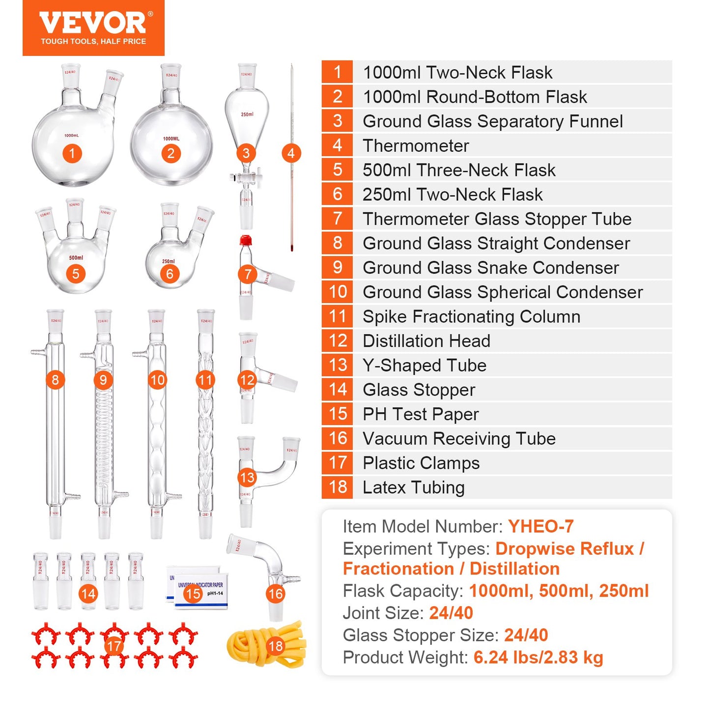 Lab-destillationssats, 3,3 Boro Lab-glasdestillationssats med 24, 40 led, 1000 ml eterisk oljedestillationsutrustning, 32 st uppsättning glasutrustning