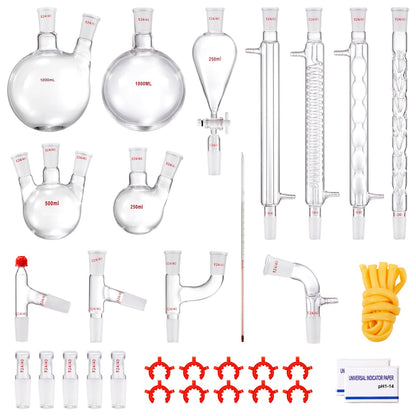Lab-destillationssats, 3,3 Boro Lab-glasdestillationssats med 24, 40 led, 1000 ml eterisk oljedestillationsutrustning, 32 st uppsättning glasutrustning