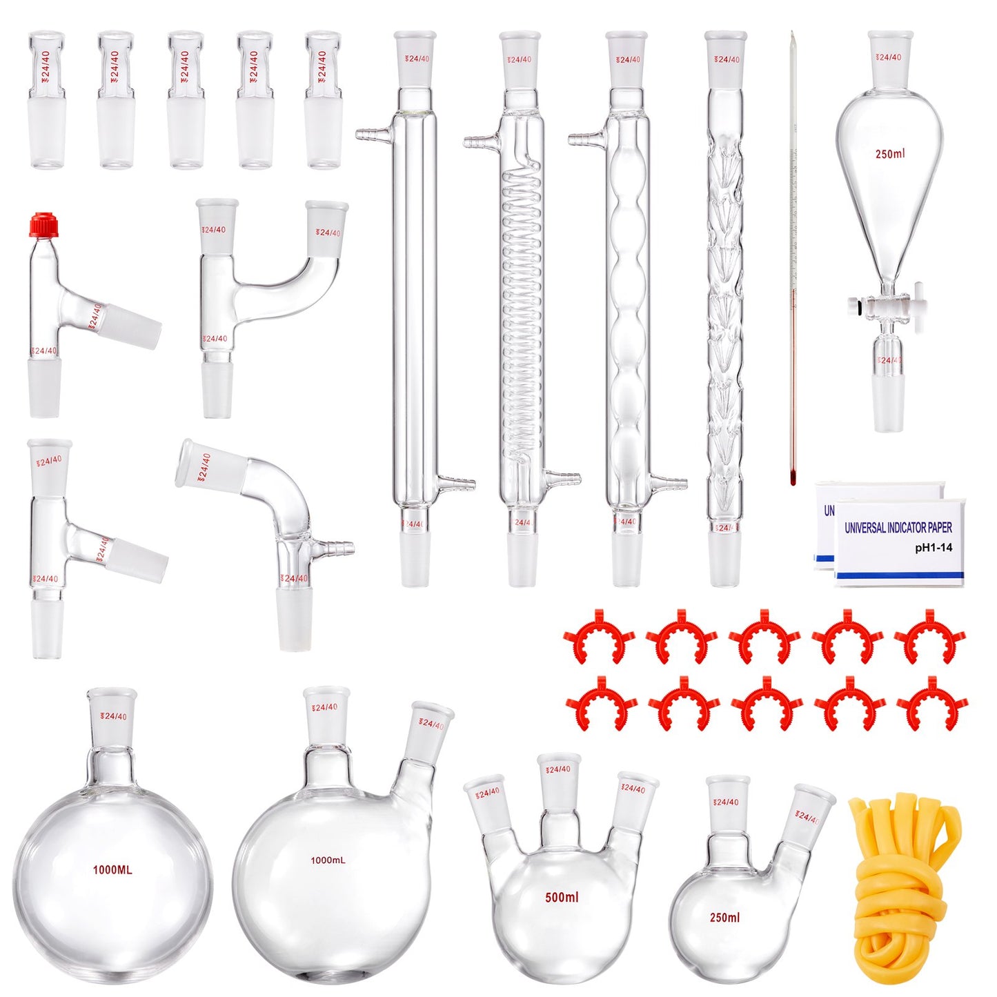 Lab-destillationssats, 3,3 Boro Lab-glasdestillationssats med 24, 40 led, 1000 ml eterisk oljedestillationsutrustning, 32 st uppsättning glasutrustning
