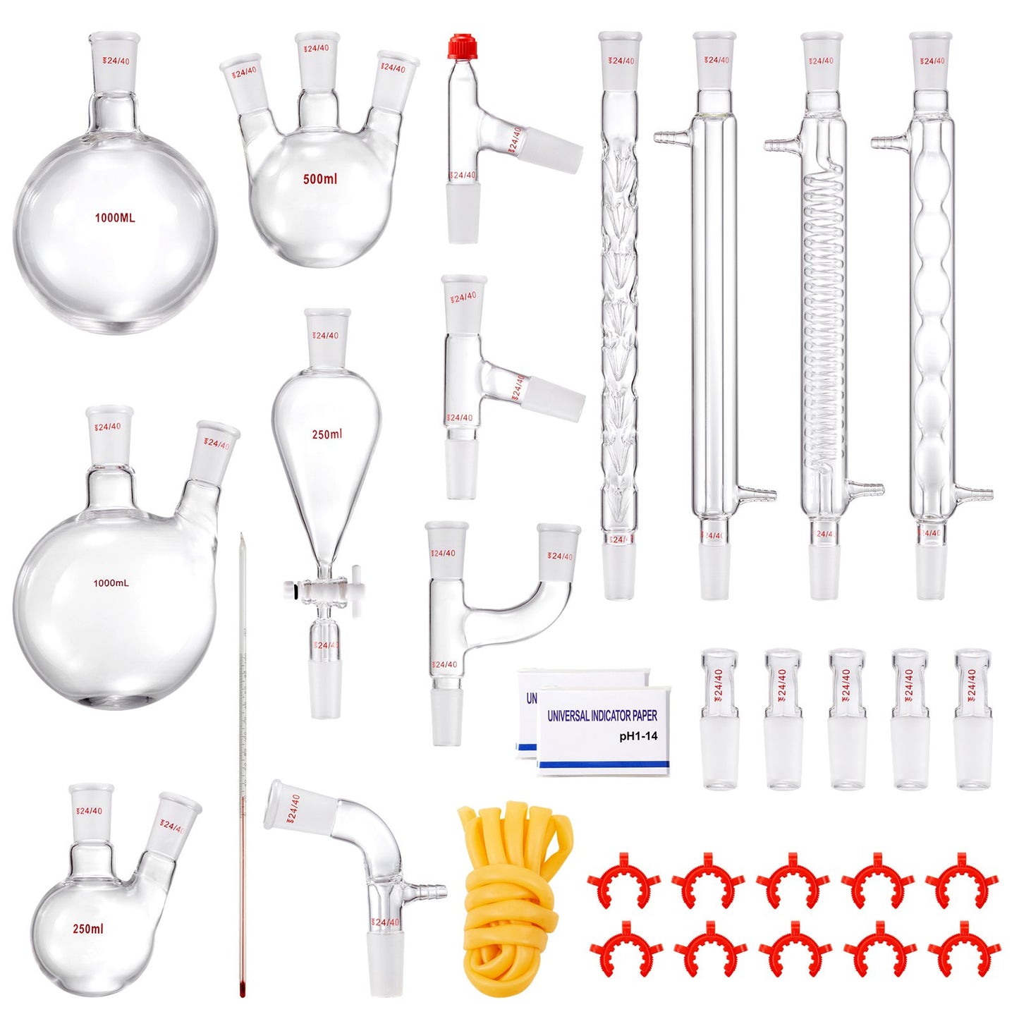 Lab-destillationssats, 3,3 Boro Lab-glasdestillationssats med 24, 40 led, 1000 ml eterisk oljedestillationsutrustning, 32 st uppsättning glasutrustning