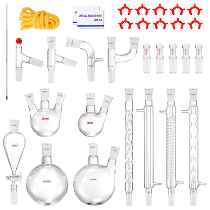 Lab-destillationssats, 3,3 Boro Lab-glasdestillationssats med 24, 40 led, 1000 ml eterisk oljedestillationsutrustning, 32 st uppsättning glasutrustning