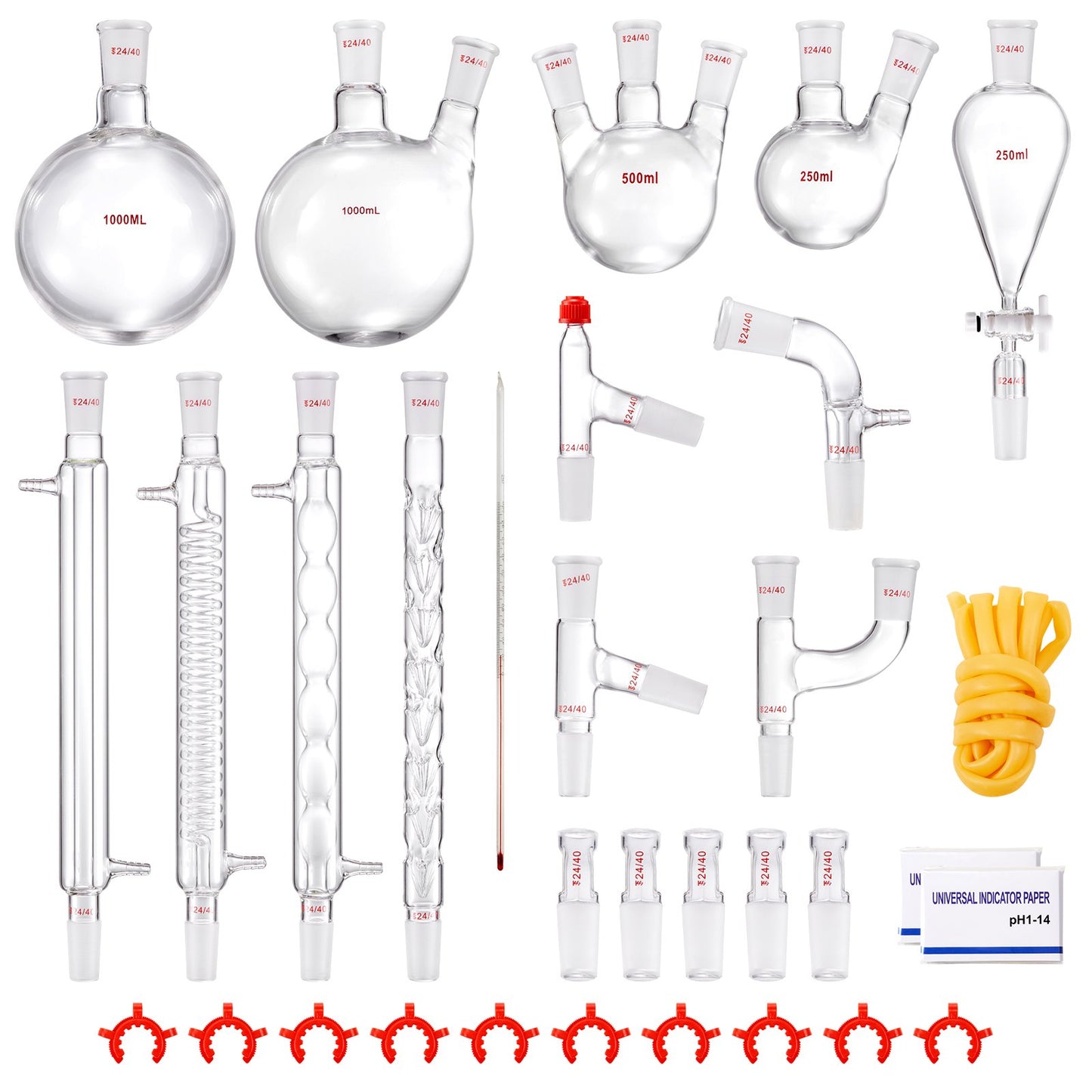 Lab-destillationssats, 3,3 Boro Lab-glasdestillationssats med 24, 40 led, 1000 ml eterisk oljedestillationsutrustning, 32 st uppsättning glasutrustning