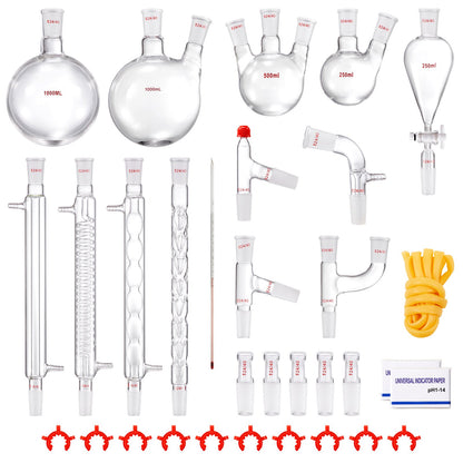 Lab-destillationssats, 3,3 Boro Lab-glasdestillationssats med 24, 40 led, 1000 ml eterisk oljedestillationsutrustning, 32 st uppsättning glasutrustning