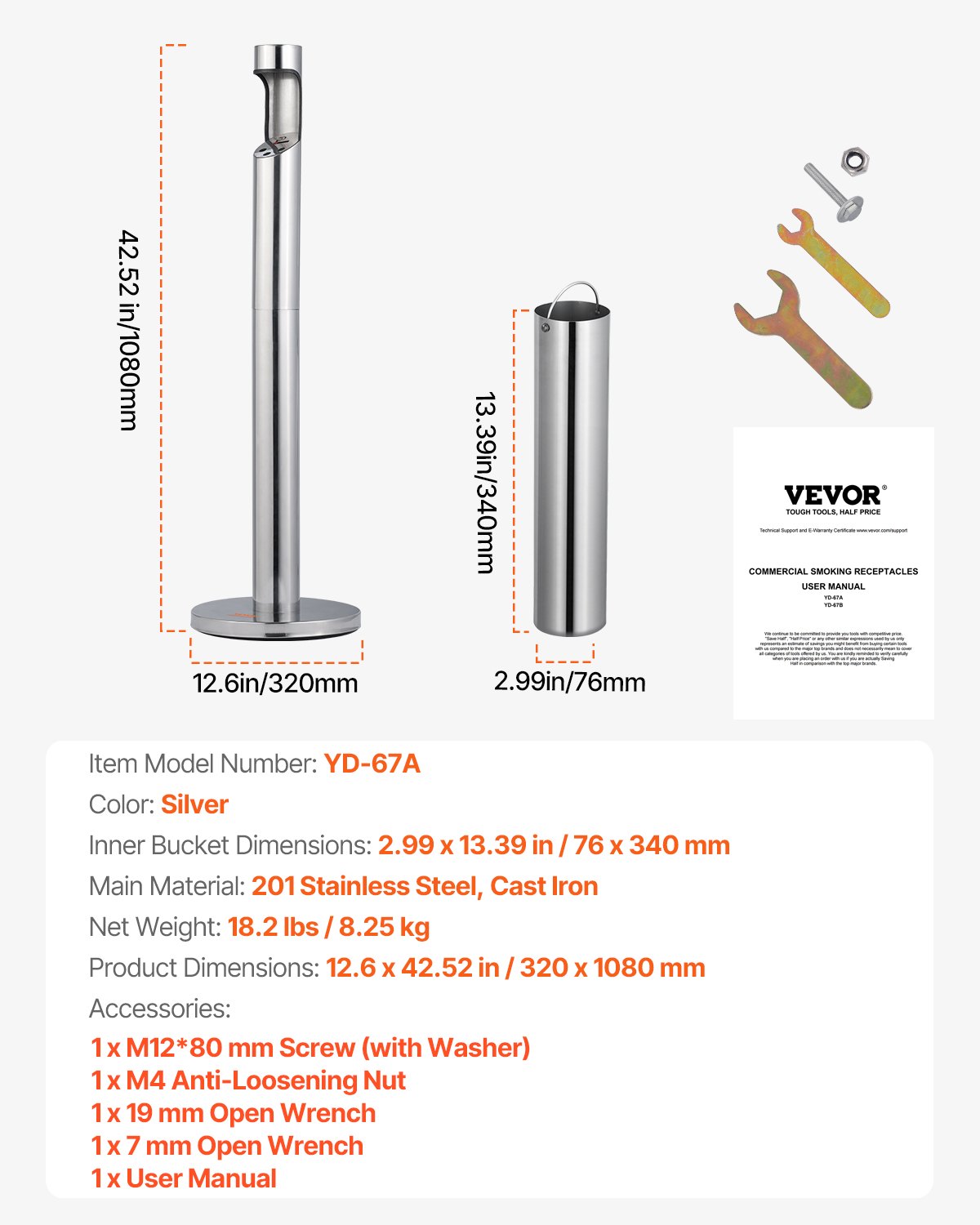 Cigarette Butt Container Stainless Steel Cylinder Butt Waste Silver