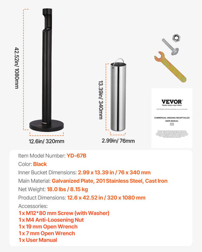 Cigarette Butt Container Freestanding Outdoor Cylinder Butt Disposal Black