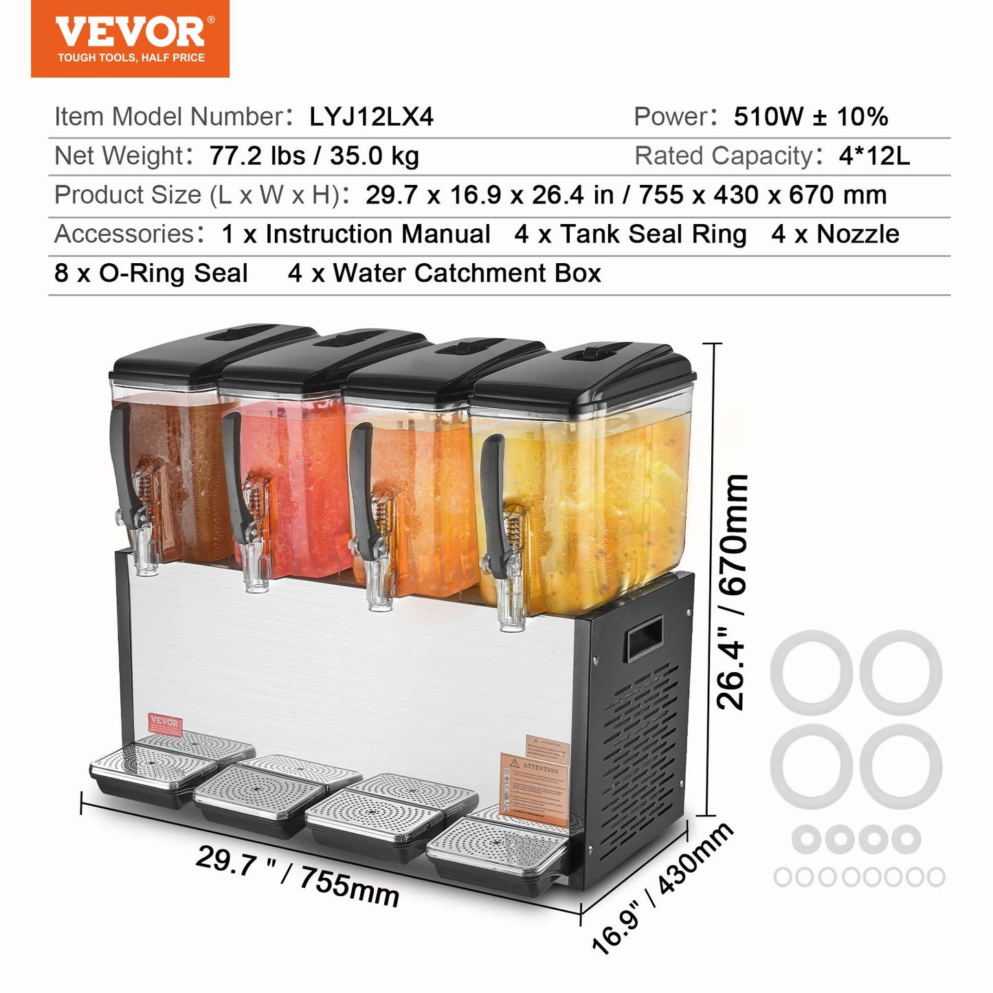 Commercial Beverage Dispenser 12L x 4 tankar Kall Juice Is Drink Dispenser