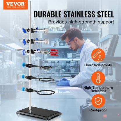 Lab Stand Support, Laboratory Retort Support Stand Set, Steel Lab Stand 23,6" Stång och 8,3" x 5,3" gjutjärnsbas, inkluderar kolvklämmor, en byrettklämma och tvärklämmor