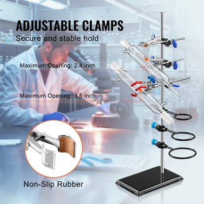 Lab Stand Support, Laboratory Retort Support Stand Set, Steel Lab Stand 23,6" Stång och 8,3" x 5,3" gjutjärnsbas, inkluderar kolvklämmor, en byrettklämma och tvärklämmor