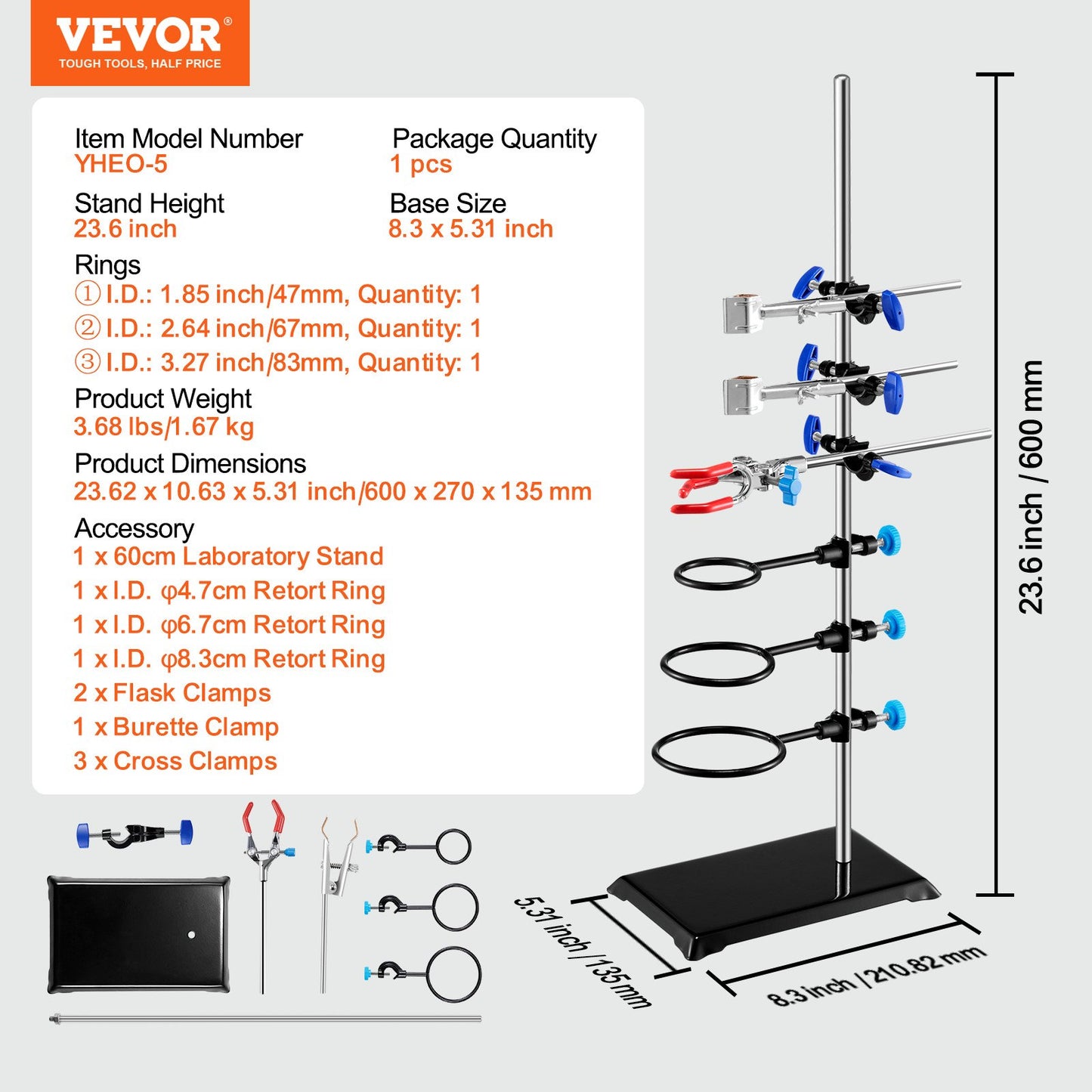 Lab Stand Support, Laboratory Retort Support Stand Set, Steel Lab Stand 23,6" Stång och 8,3" x 5,3" gjutjärnsbas, inkluderar kolvklämmor, en byrettklämma och tvärklämmor