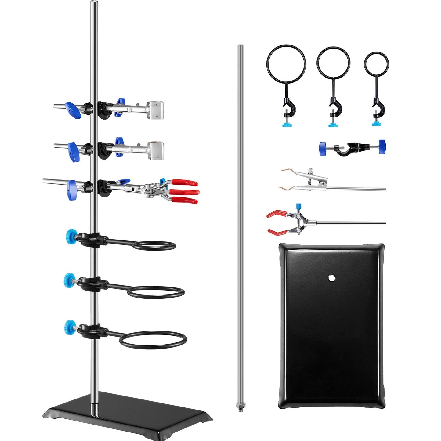 Lab Stand Support, Laboratory Retort Support Stand Set, Steel Lab Stand 23,6" Stång och 8,3" x 5,3" gjutjärnsbas, inkluderar kolvklämmor, en byrettklämma och tvärklämmor