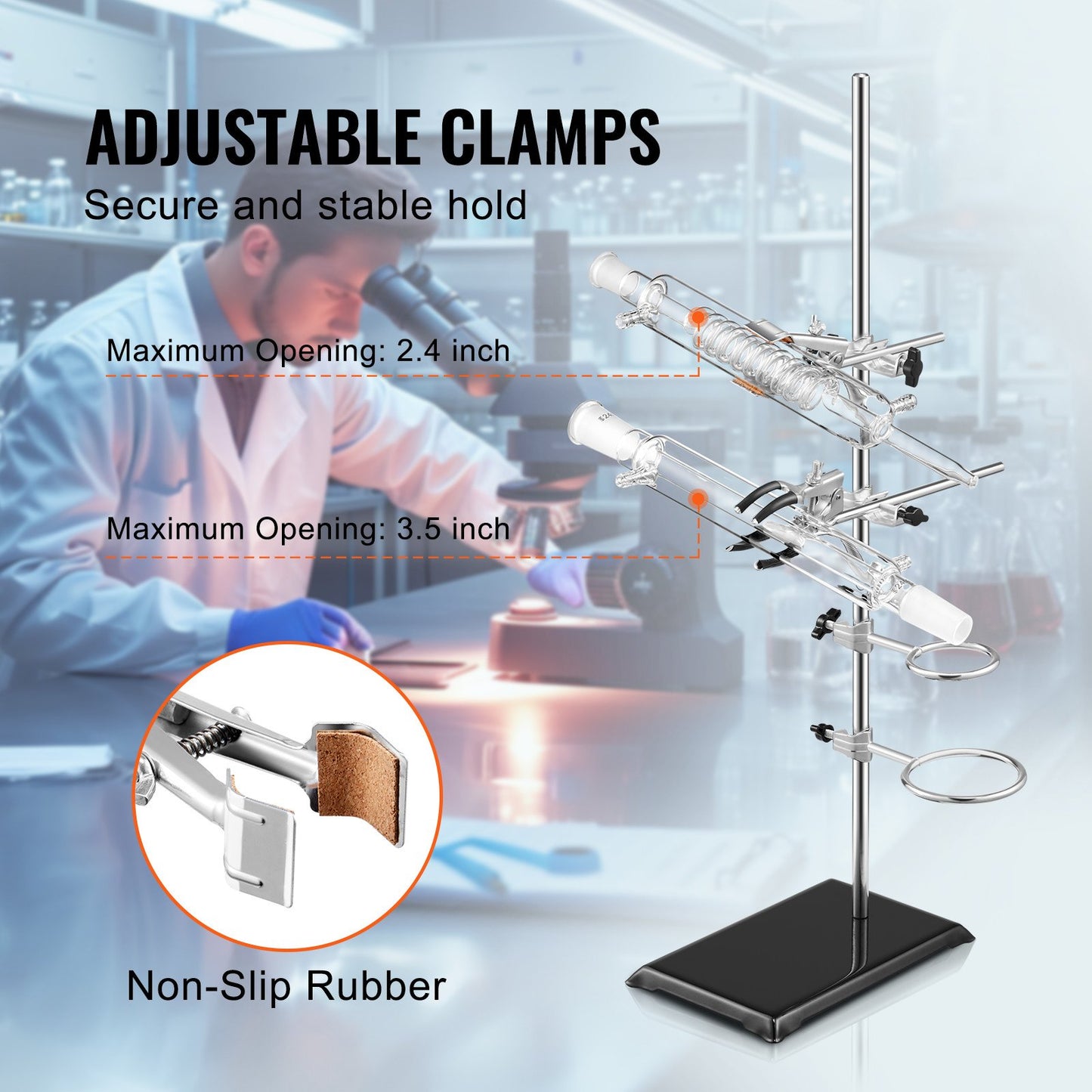Lab Stand Support, Laboratory Retort Support Stand 2 set, Stål Lab Stand 23,6" stång och 8,3" x 5,3" gjutjärnsbas, inkluderar kolvklämmor, byrettklämmor och korsklämmor