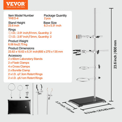 Lab Stand Support, Laboratory Retort Support Stand 2 set, Stål Lab Stand 23,6" stång och 8,3" x 5,3" gjutjärnsbas, inkluderar kolvklämmor, byrettklämmor och korsklämmor