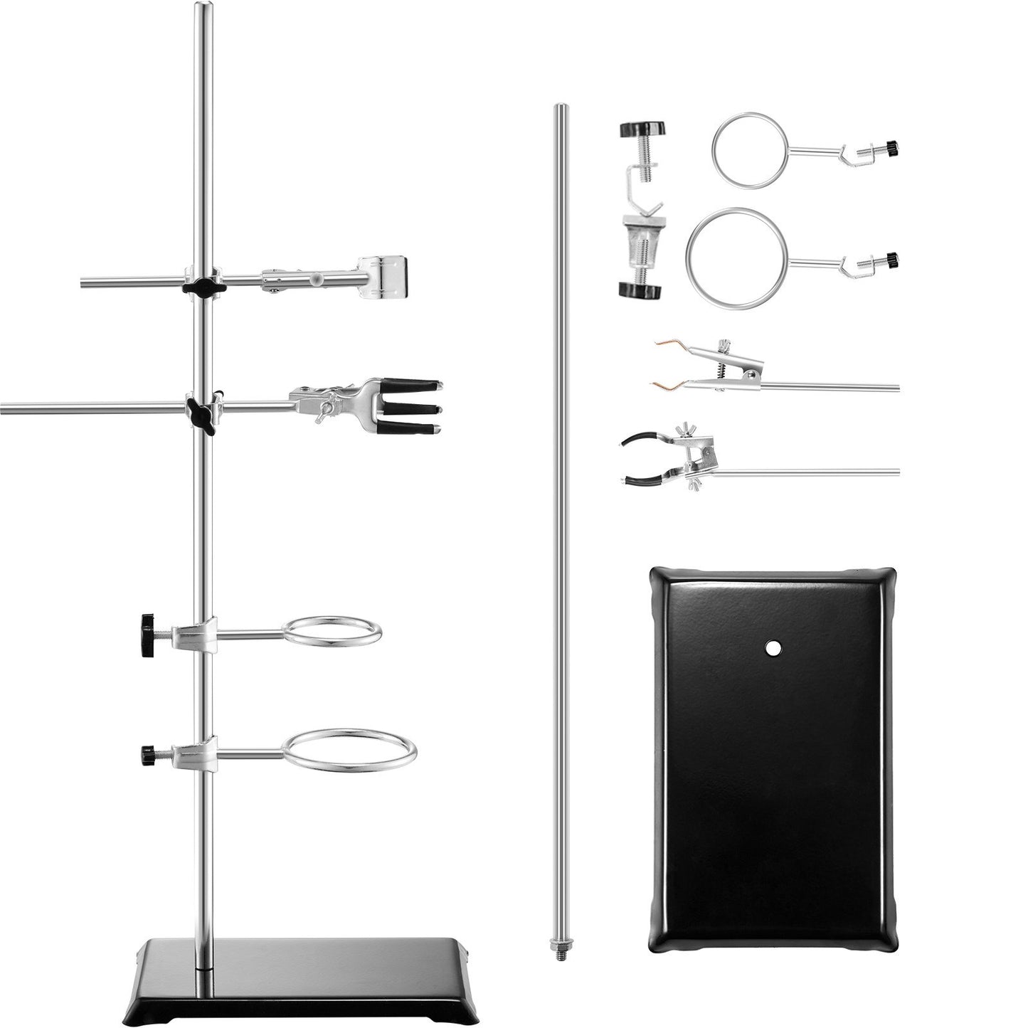 Lab Stand Support, Laboratory Retort Support Stand 2 set, Stål Lab Stand 23,6" stång och 8,3" x 5,3" gjutjärnsbas, inkluderar kolvklämmor, byrettklämmor och korsklämmor