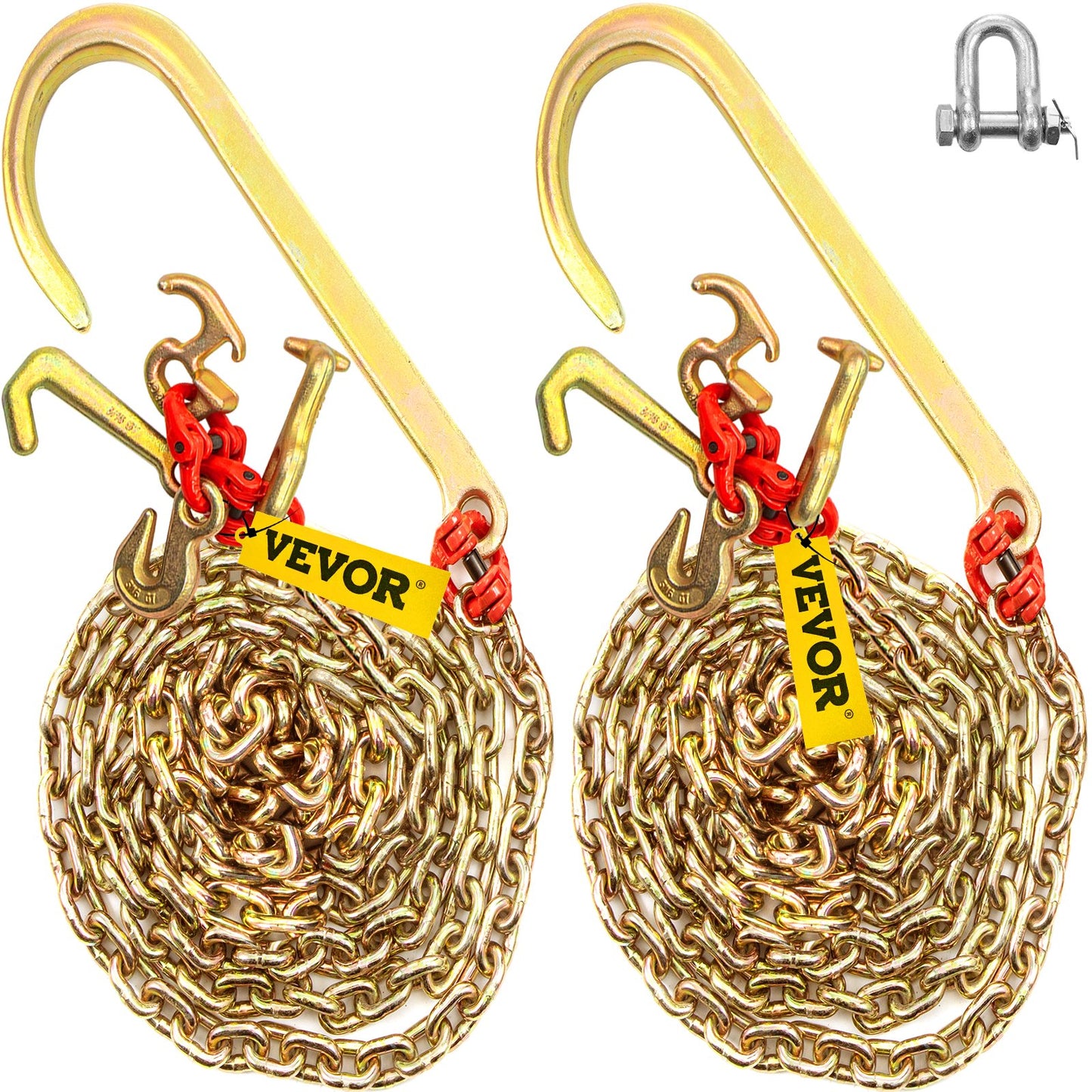 J hook chain, 5/16 inch x 10 ft bridle tow chain, G80 bridle transport chain, alloy steel chain with 2 G70 J hooks, 9260 lb breaking strength tow hooks for trucks, J hooks tow straps 2 pcs.