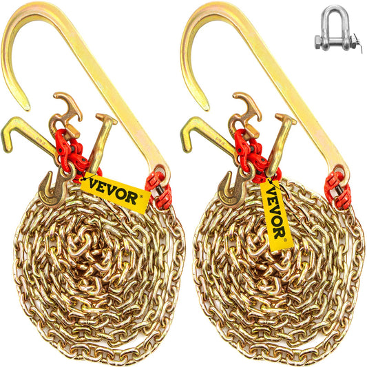 J hook chain, 5/16 inch x 10 ft bridle tow chain, G80 bridle transport chain, alloy steel chain with 2 G70 J hooks, 9260 lb breaking strength tow hooks for trucks, J hooks tow straps 2 pcs.