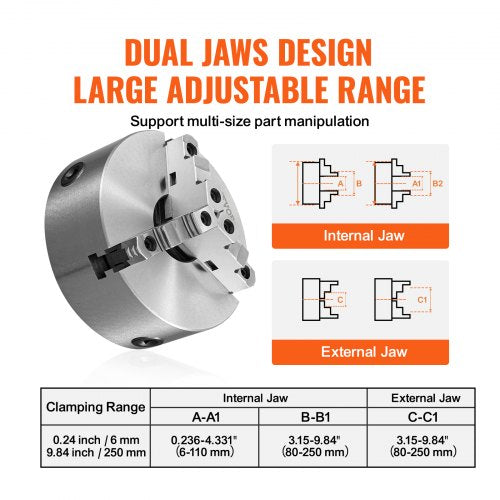 3-jaw lathe chuck, 10'', self-centering lathe chuck, 0.24-9.84 inch/6-250 mm clamping range with T-key fastening screws hex key, for lathe 3D printer machining Center milling drilling machine | EU