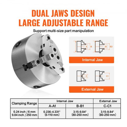 3-jaw lathe chuck, 10'', self-centering lathe chuck, 0.24-9.84 inch/6-250 mm clamping range with T-key fastening screws hex key, for lathe 3D printer machining Center milling drilling machine | EU