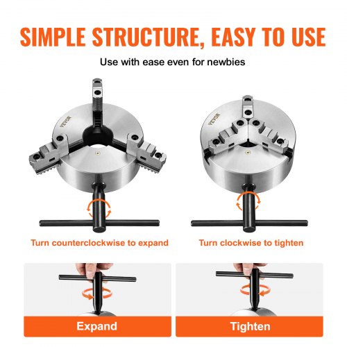 3-jaw lathe chuck, 10'', self-centering lathe chuck, 0.24-9.84 inch/6-250 mm clamping range with T-key fastening screws hex key, for lathe 3D printer machining Center milling drilling machine | EU